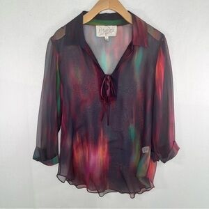 Rory Beca Women's 100% Silk Sheer Watercolor Boho V-Neck Tunic Blouse Artsy Sz M